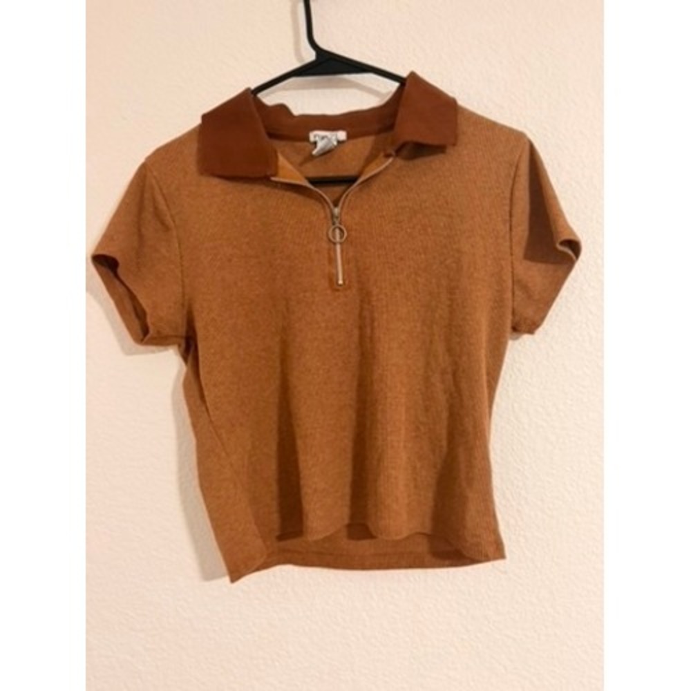 Vintage Y2K Rue21 W Rust Brown Ribbed Quarter Zip Polo Baby Tee Crop Top Large